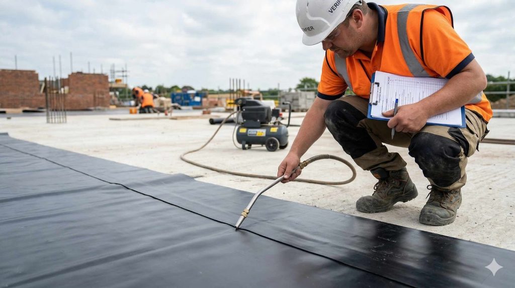 Independent verifier carrying out CIRIA C735 air lance integrity testing on a gas protection membrane lap joint