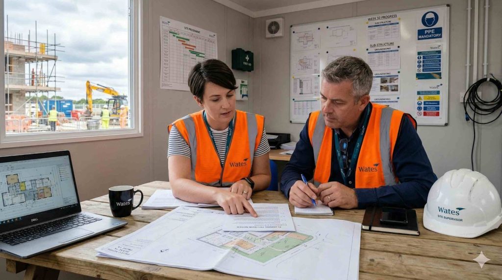 Developer and ground gas verifier reviewing planning condition wording and gas protection design scheme in site office