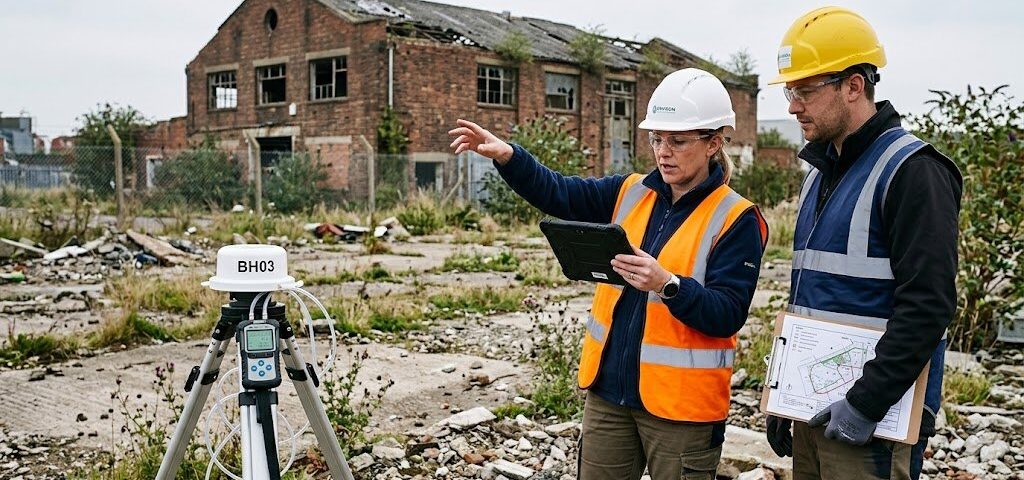 Environmental consultants assessing ground gas risk on a UK brownfield development site prior to housing construction