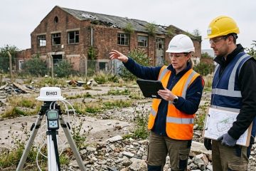 Environmental consultants assessing ground gas risk on a UK brownfield development site prior to housing construction