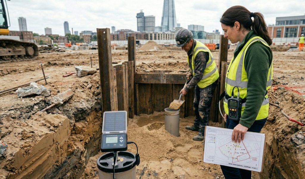 Environmental consultant reviewing LCRM ground gas risk assessment guidance and site investigation report in UK office