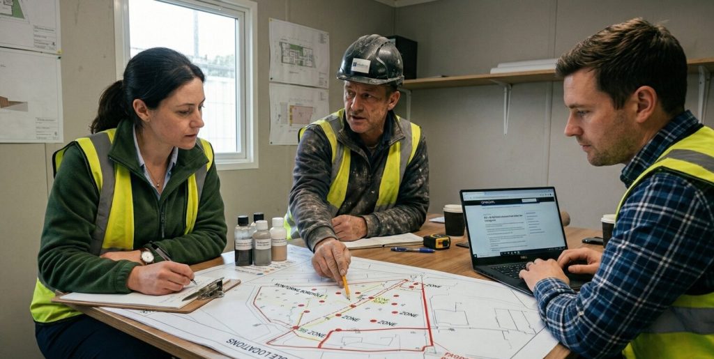 Developer, site manager and environmental consultant reviewing ground gas conceptual site model and LCRM assessment findings on brownfield development site