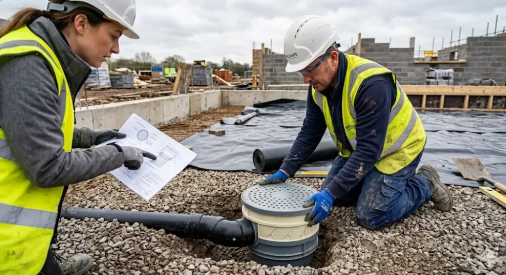 Construction worker installing prefabricated radon sump in hardcore layer during new build radon full protection system installation UK
