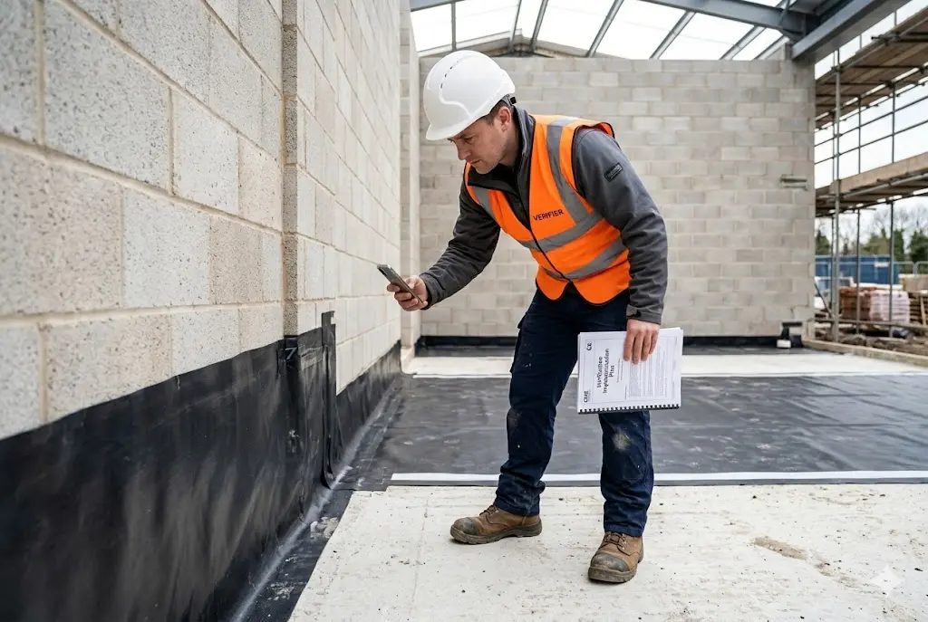 Independent gas membrane verifier photographing wall-floor junction detail during CIRIA C735 installation inspection on brownfield site