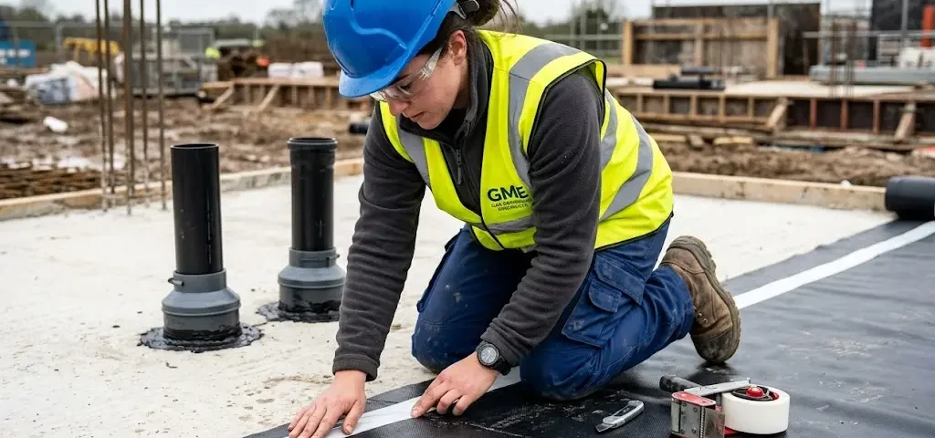 Gas membrane installer applying adhesive lap tape to joint on UK brownfield site gas protection installation