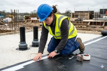 Gas membrane installer applying adhesive lap tape to joint on UK brownfield site gas protection installation