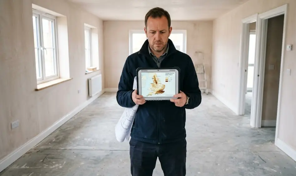 UK developer reviewing UKHSA radon risk map on tablet in new build property to determine radon protection requirements