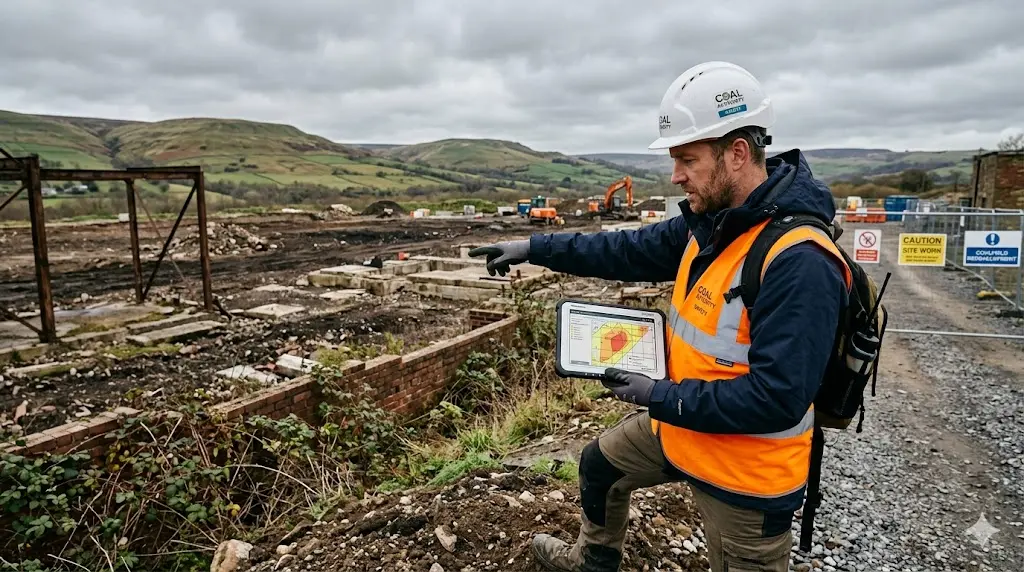 Environmental consultant checking Coal Authority Development High Risk Area map on UK coalfield brownfield development site