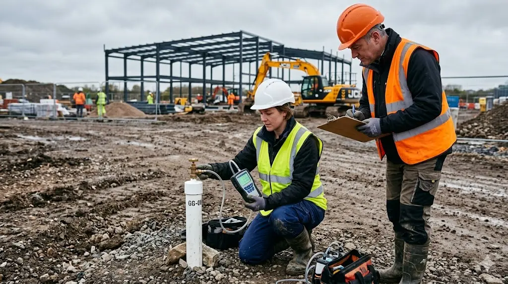 Ground gas monitoring team measuring methane and CO2 levels at monitoring standpipe on UK coalfield development site