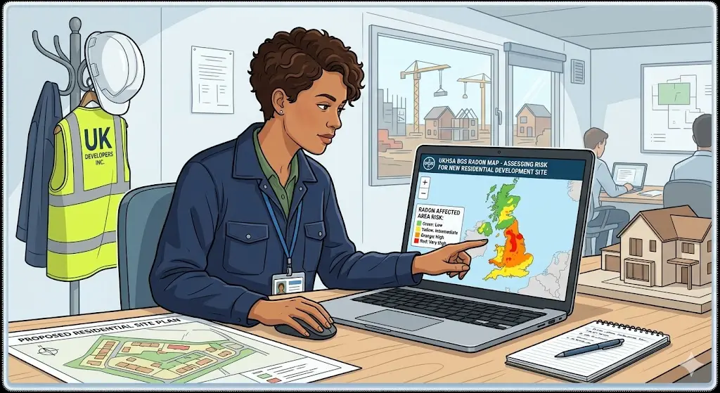 UK developer checking UKHSA BGS radon map on computer to assess radon affected area risk for new residential development site