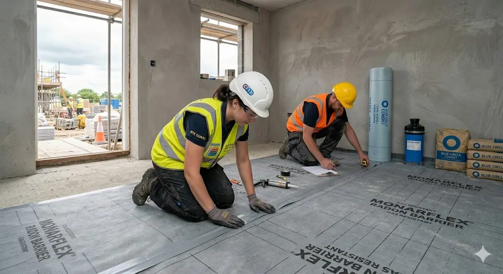 Radon protection membrane installation in new build ground floor with verifier measuring lap joint width on UK radon affected area site
