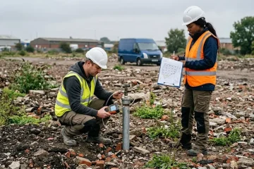 Environmental consultants conducting ground gas monitoring on brownfield development site UK with standpipe and gas analyser
