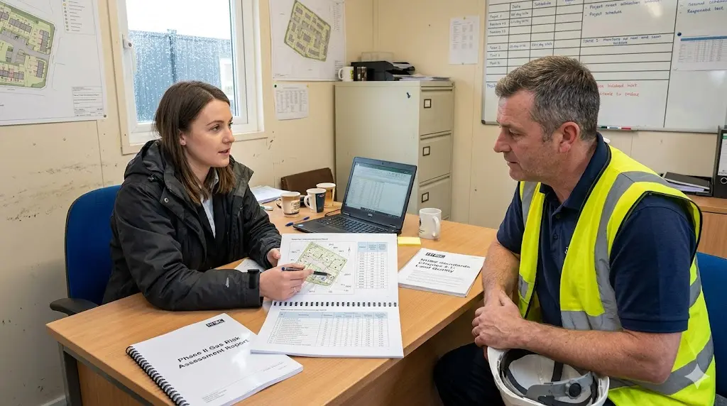 Environmental consultant presenting ground gas risk assessment results and CS classification to housebuilder site manager UK