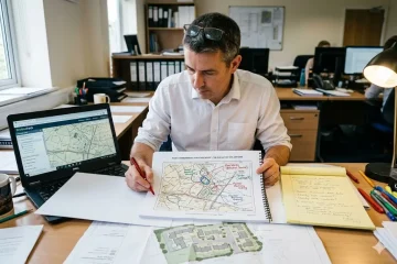 Environmental consultant reviewing Phase 1 contaminated land desk study report with historical land use maps before planning application