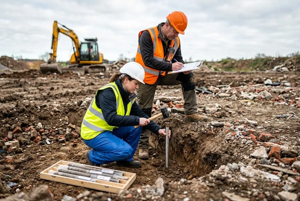 Ground investigation team collecting soil samples from trial pit during Phase 2 contaminated land site investigation on UK brownfield development